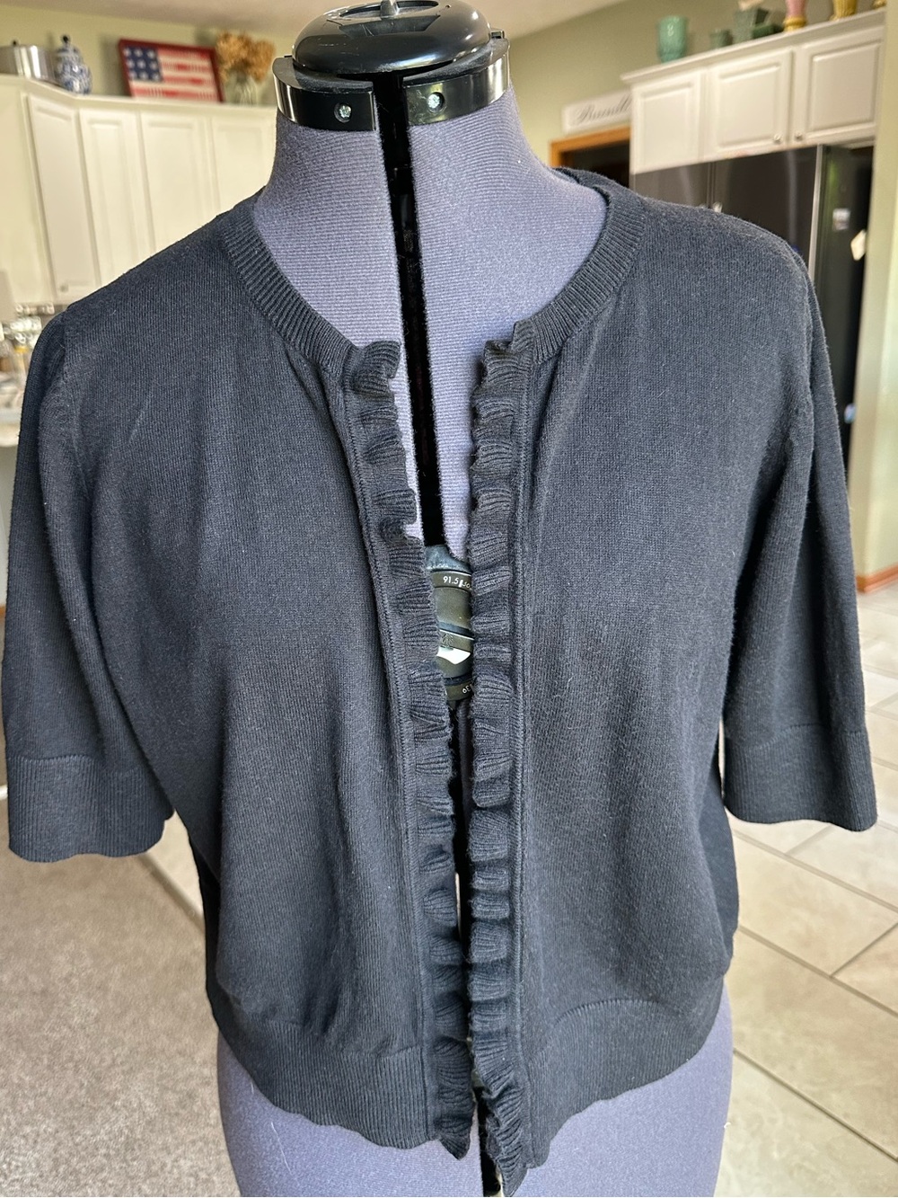 Worthington Black Ruffle-Trim Short Sleeve Cardigan Shrug front ruffle